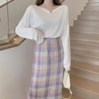 Long-sleeve Plain Tee / High-waist Plaid Skirt