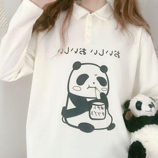 Panda Print Long-sleeve Polo Shirt