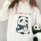 Panda Print Long-sleeve Polo Shirt