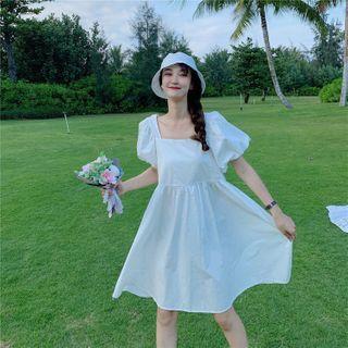 Set: Puff-sleeve Mini A-line Dress + Bucket Hat