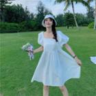 Set: Puff-sleeve Mini A-line Dress + Bucket Hat