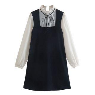 Long-sleeve Mock Two-piece Bow Detail Mini Smock Dress