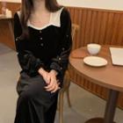 Square-neck Lace Panel Midi A-line Dress Black - One Size
