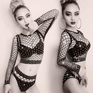Set: Fishnet Long-sleeve Cropped Top + Fishnet Panties
