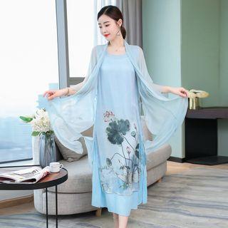 Set: Printed Midi Tank Dress + Plain 3/4 Sleeve Light Jacket