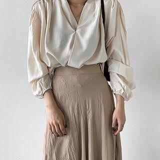 Puff-sleeve Pleated Wrap Blouse