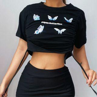 Short Sleeve Butterfly Print Side-drawstring Crop Top
