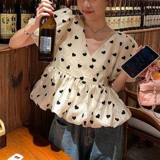 Puff-sleeve Heart Print Peplum Blouse Black Heart - White - One Size