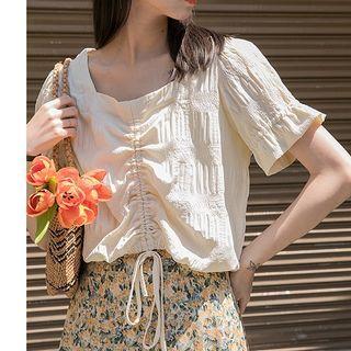 Short-sleeve Drawcord Frill Trim Top Almond - One Size