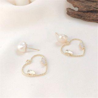 Heart Faux-pearl Rhinestone Earrings Gold - One Size