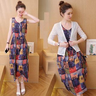 Set: Print Sleeveless Midi Dress + Open Front Cardigan