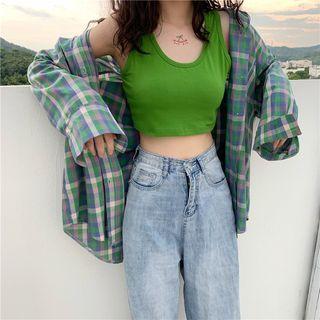 Sleeveless Cropped Top / Long-sleeve Plaid Shirt