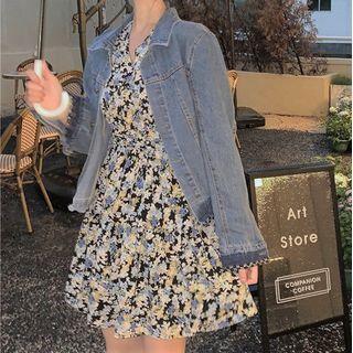 Denim Shirt Jacket / Long-sleeve Floral Print Mini A-line Dress