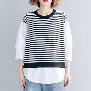 Mock Two-piece Striped Panel Top Stripe - Black & White - One Size