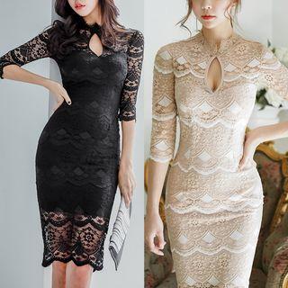 Lace Elbow-sleeve Cutout Sheath Dress