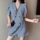 Short-sleeve Double Breasted Plaid Dress Black - One Size