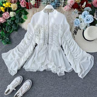 Long-sleeve Zip Crinkled Chiffon Top