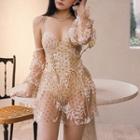 Long-sleeve Off-shoulder Dotted Lace-up Swimdress