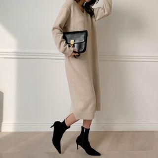 V-neck Woolen Knit Long Dress Beige - One Size