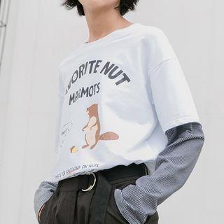 Mock Two-piece Long-sleeve Squirrel Print T-shirt