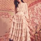 Set: Long-sleeve Floral Print Blouse + Tiered Midi A-line Skirt