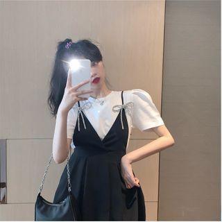 Puff Short-sleeve T-shirt / Strappy A-line Dress
