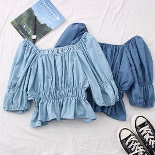 Wide-neck Elastic-waist Denim Blouse