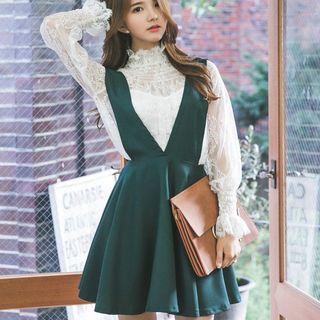 Set: Long-sleeve Lace Top + Sleeveless Dress + Spaghetti Strap Top