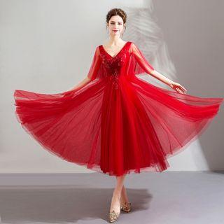 Elbow-sleeve Sequined Midi Prom Dress