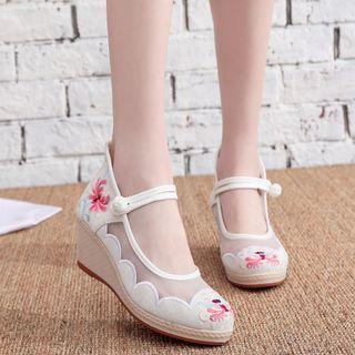 Embroidered Mesh Frog-button Wedge Heel Mary Jane Pumps