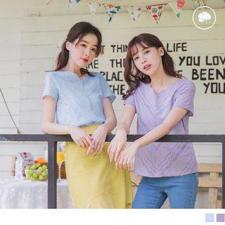Scalloped Neckline Short-sleeve Eyelet Top