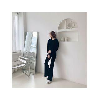 Velvet Pullover & Boot-cut Pants Loungewear Set Black - One Size
