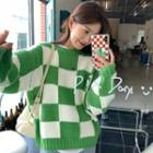 Long-sleeve Plaid Sweater Green - One Size