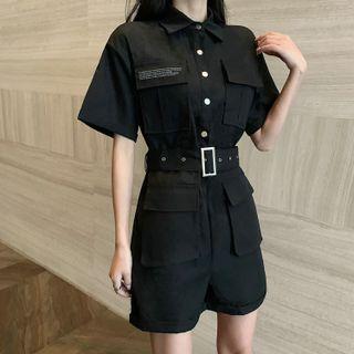 Short-sleeve Belted Zip-up Romper