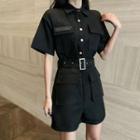 Short-sleeve Belted Zip-up Romper