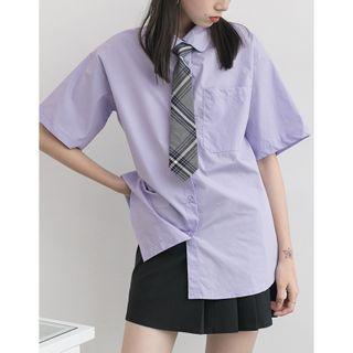 Set: Short-sleeve Shirt + Plaid Neck Tie