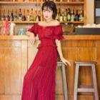 Short-sleeve Ruffled Floral Applique Midi A-line Dress