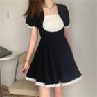 Short-sleeve Square-neck Paneled Mini A-line Dress Black & White - One Size