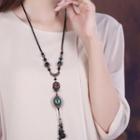 Retro Gemstone Pendant Necklace Black & Green - One Size