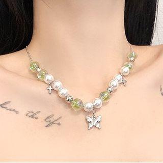 Butterfly Pendant Faux Crystal Faux Pearl Necklace