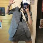 Houndstooth Short-sleeve Blazer / A-line Skirt