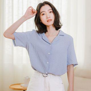 Short-sleeve Plaid Shirt Light Blue - One Size