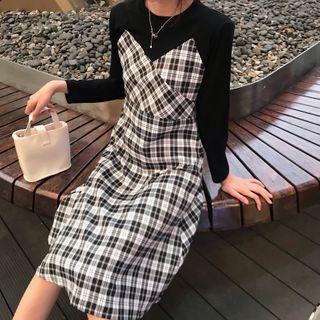 Mock Two-piece Plaid Panel Midi A-line Dress
