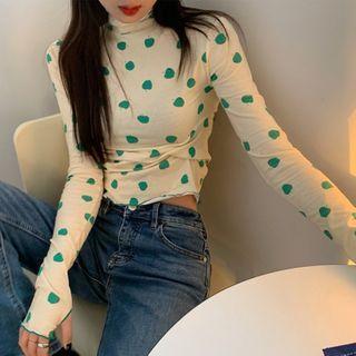 Long-sleeve Turtleneck Apple Print Top Green Apple - White - One Size