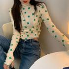 Long-sleeve Turtleneck Apple Print Top Green Apple - White - One Size