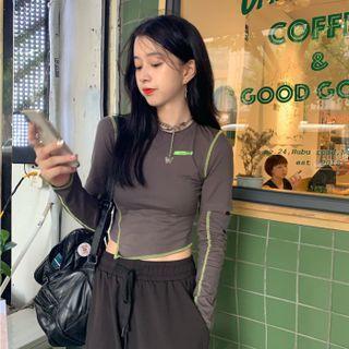 Asymmetrical Long-sleeve Printed Slit T-shirt Gray - One Size