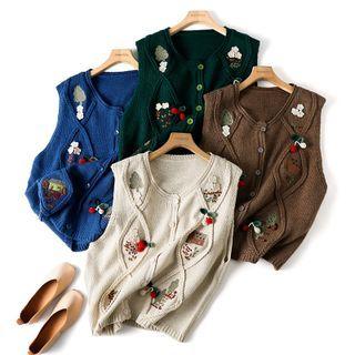 Flower Embroidered Button-up Sweater Vest