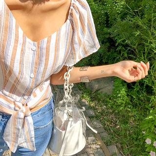 Tie-hem Stripe Linen Crop Blouse