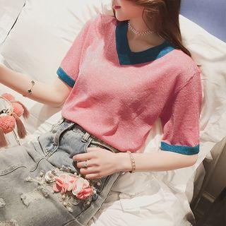 Two-tone Short-sleeve V-neck Glitter T-shirt