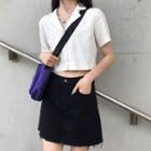 Short-sleeve Shirt / Frayed Edge A-line Denim Skirt